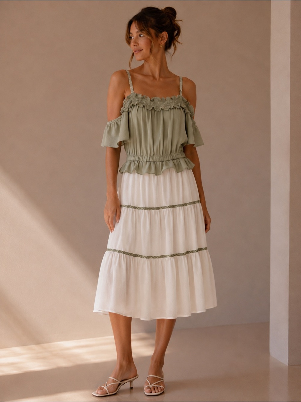 Sage Green Off-Shoulder Tiered Midi Dress